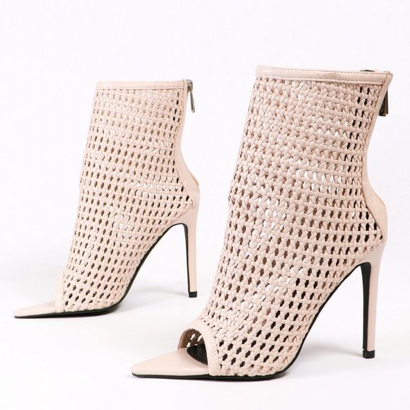 Weaved Pointy Peep Toe Caged Booties in Nude - Picture 2 of 5